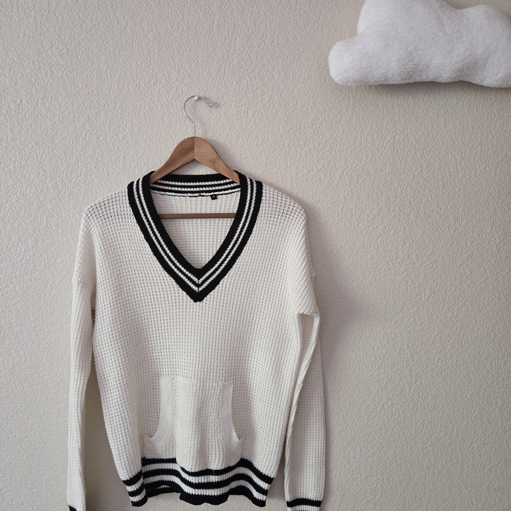 White V-Neck Sweater with Black Stripes